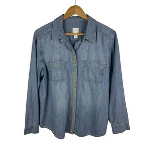 Chicos Chambray Denim Embroidered Button Down‎ Shirt Size 2 Large Blue Western